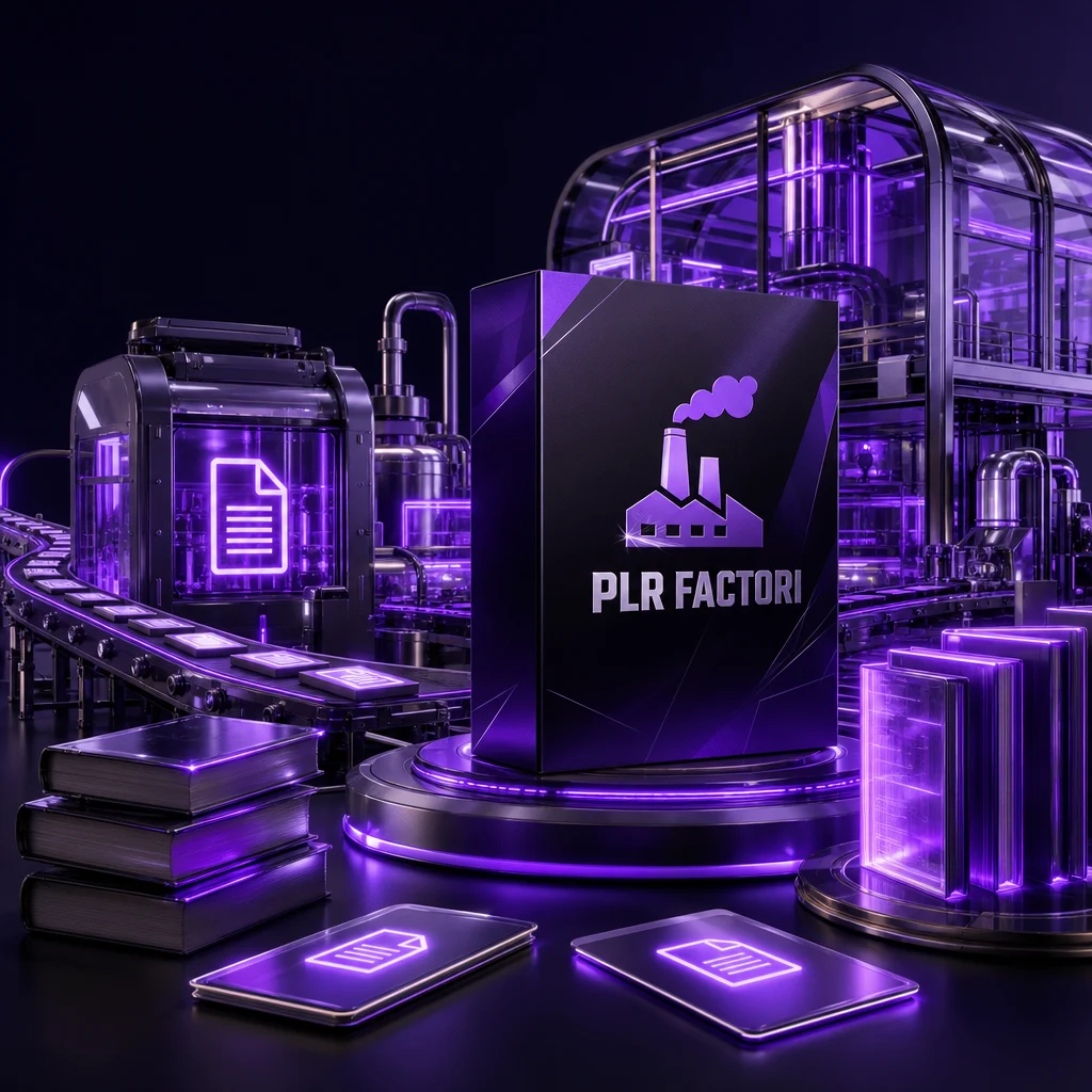 Illustrative purple PLR Factori content factory and dimensional product box